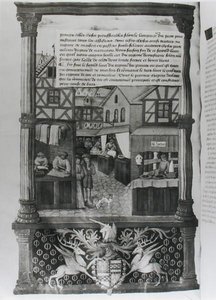 A street with shops and the coat of arms of Robert Stuart, Marechal dAubigny Lucrece, from Livre de Gouvernement des Princes by Gilles de Rome by French School